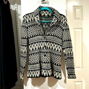 LIKE NEW RALPH LAUREN WOOL GEO MOTIF BLACK WHITE SHAWL COLLAR CARDIGAN MEDIUM